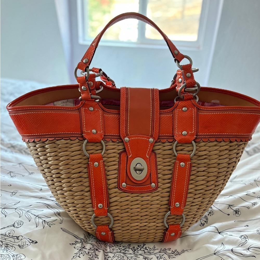 RARE COACH JASMINE LIMITED EDITION XXL BAG/STRAW TOTE GEN.PYTHON & LEATHER TRIM - Picture 2 of 11